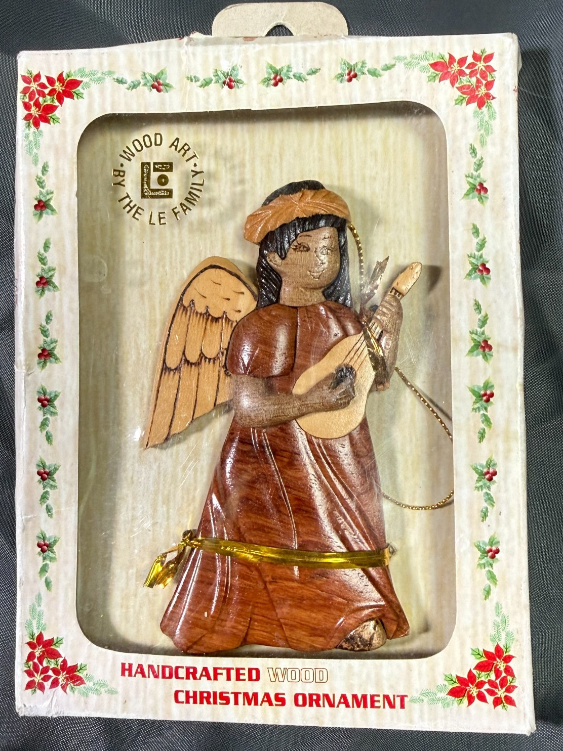 VTG Aloha Wood Art Le Family Hawaiian Angel Lute Ornament Handcrafted Intarsia