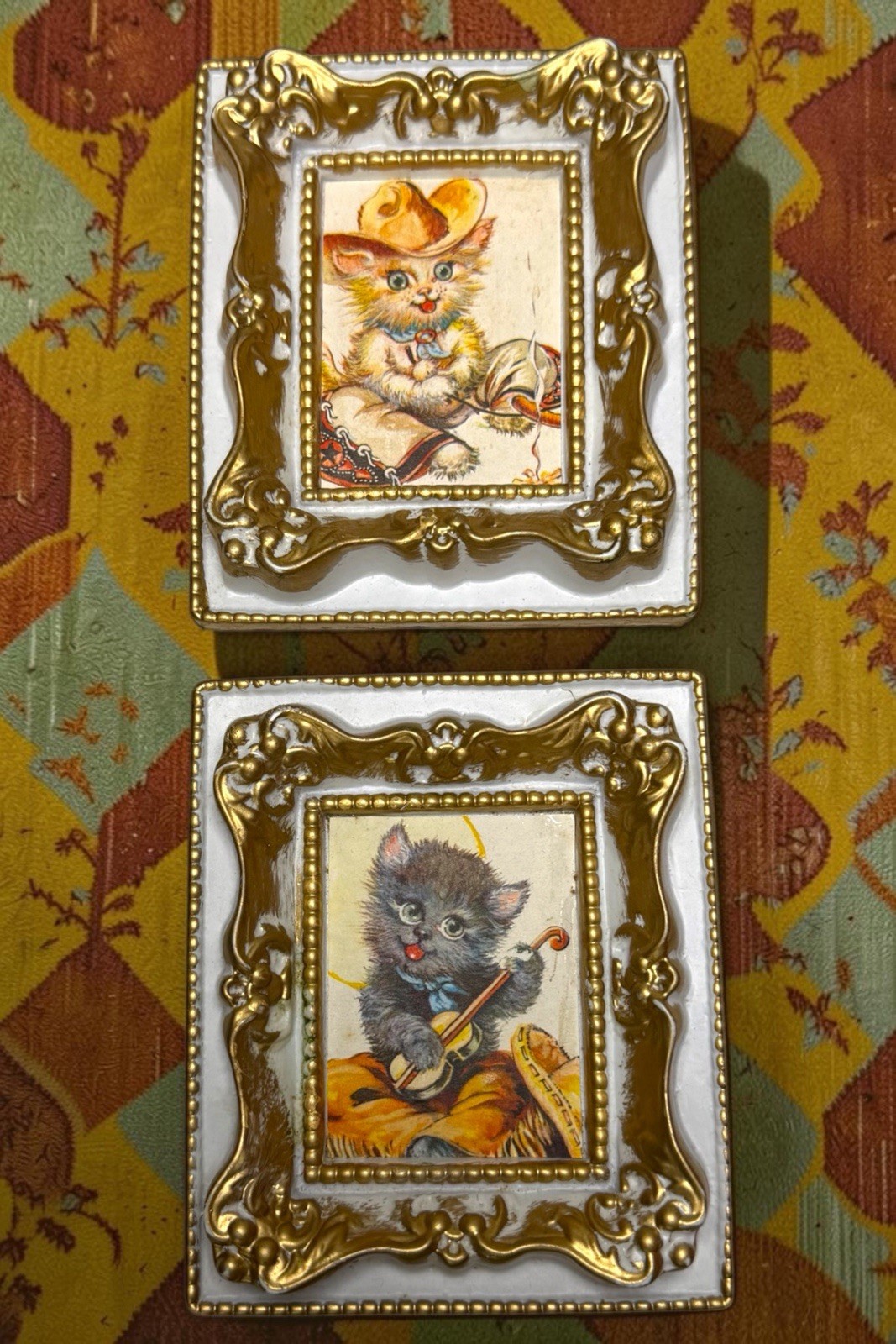 Set Of 2 Vintage Anthropomorphic Kitty Cat Rodeo Kitschy Wall Art MCM 5”X4”