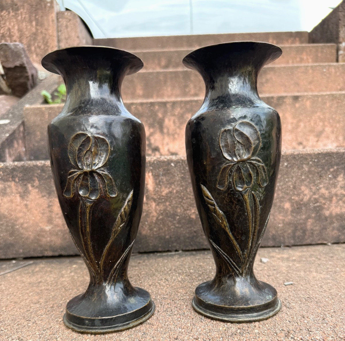 Rare Pair  WWI Dark Patina Trench Art Shell Art Nouveau/ Deco Floral Vases