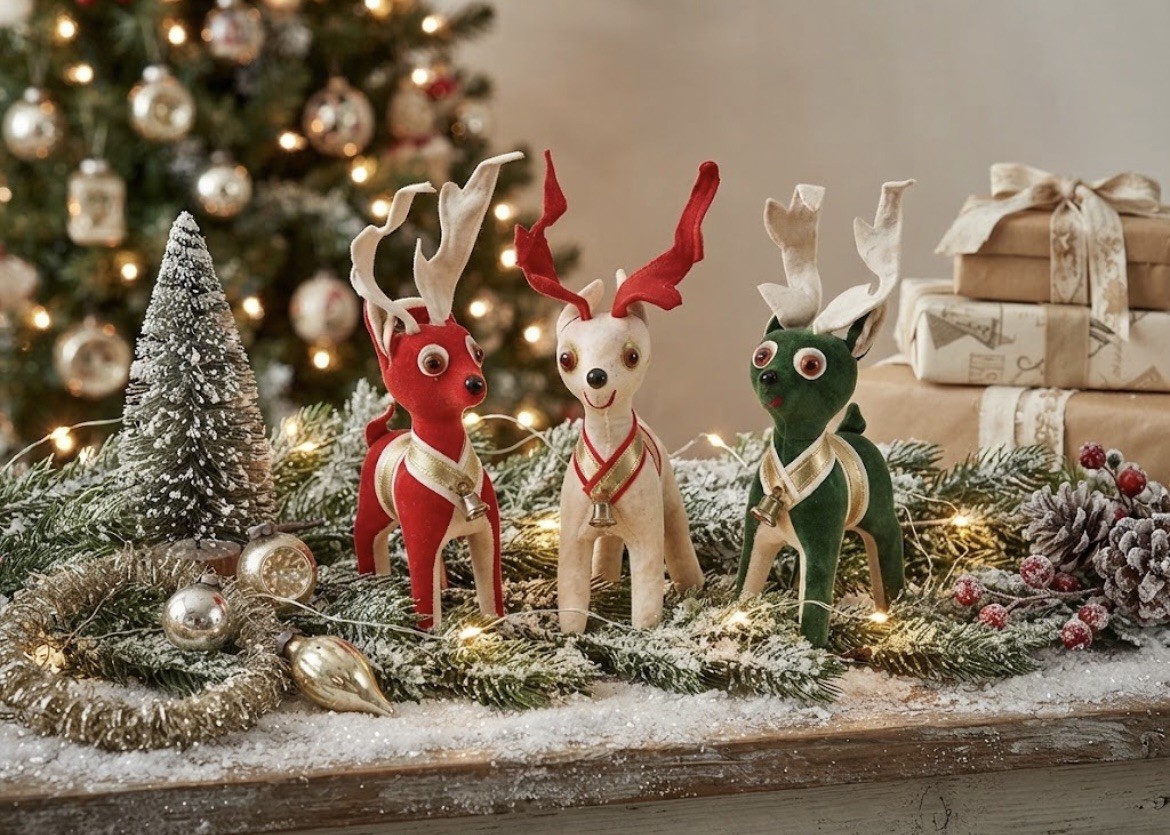 Vtg 1960s Dakin Dream Pets Reindeer Set 3 Red Green Ivory Japan Christmas Velvet