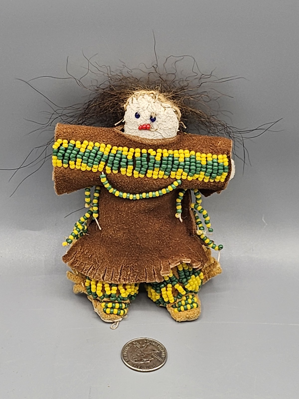 VINTAGE AMERICAN BEADED Folk Art  LEATHER DOLL,  Signed Plains?