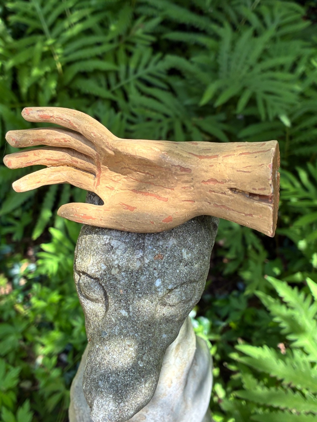 Vtg CARVED WOOD HUMAN HAND SCULPTURE Fingers Palm FIGURINE 4 5/8