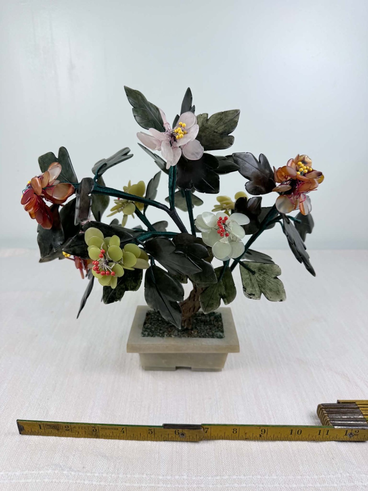 Vintage Chinese Hardstone Gemstone Bonsai Tree Glass Flowers Carved Leaves 12\