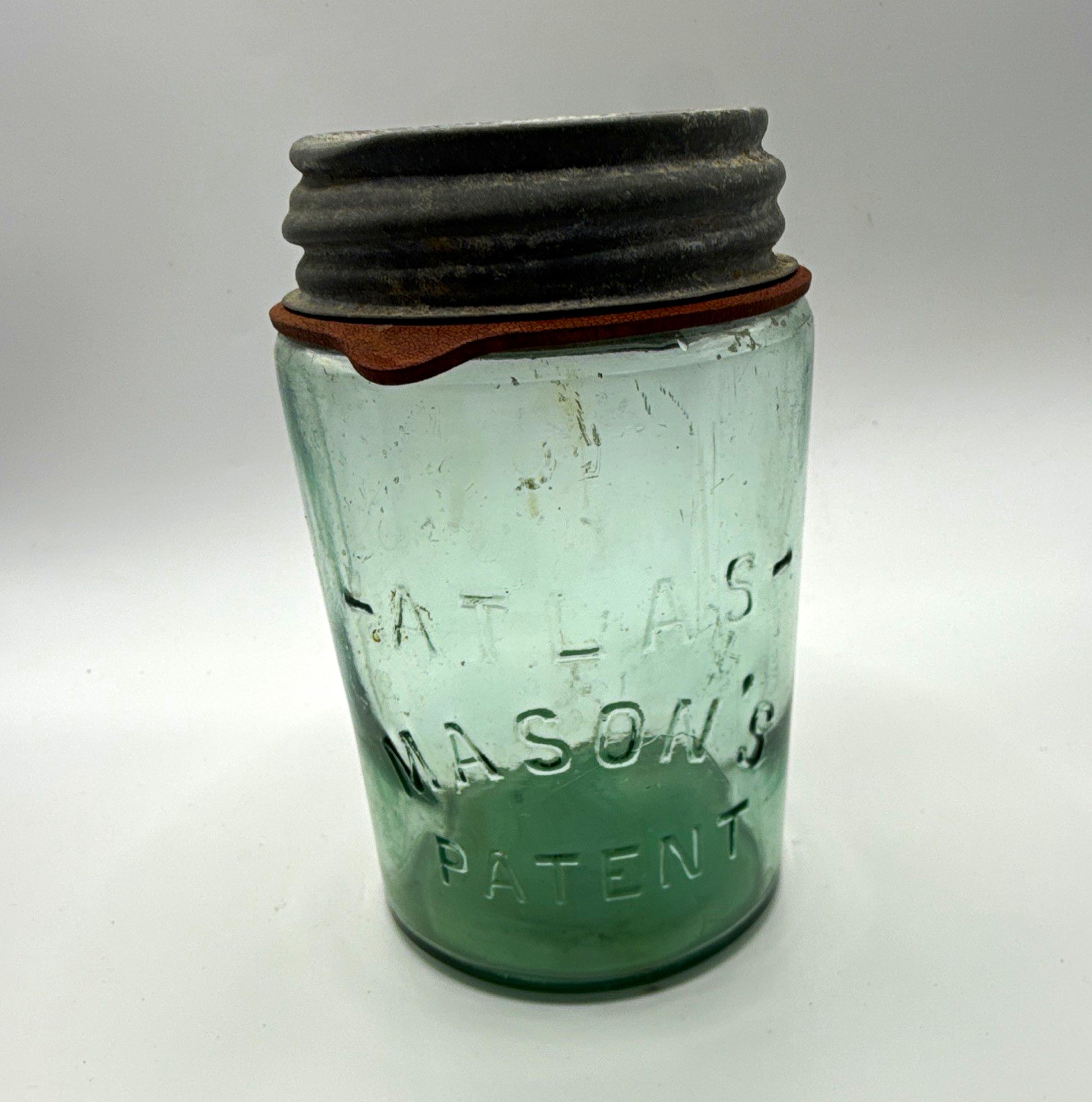 ATLAS Mason\'s Patent Aqua Glass Jar; Zinc Lid & Liner; Canning Jar