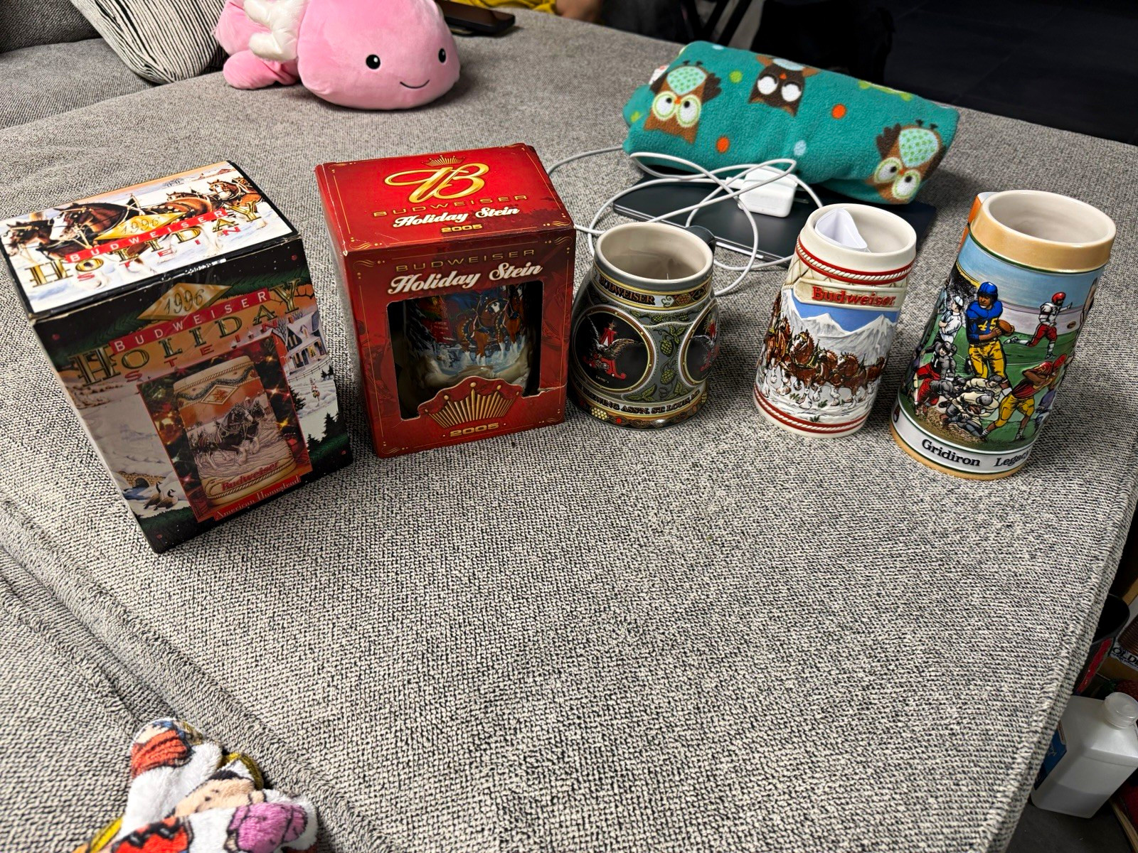 Vintage Budweiser Beer Stein Lot of 5 Holiday 1985 1996 2005 Football A&Eagle