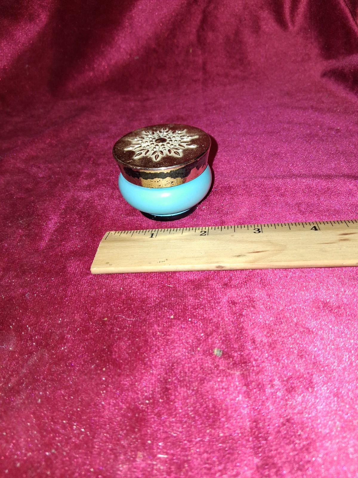 Vtg 1970s Avon Bird of Paradise Cream Sachet Jar Blue Gold Chinoiserie Decal 2\