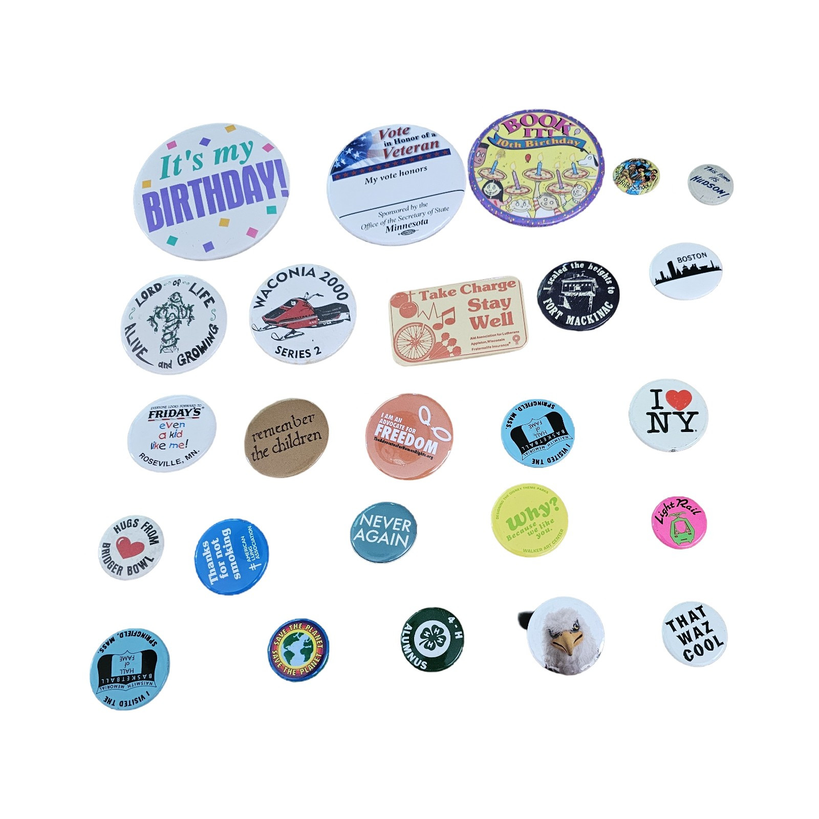 TITLE  Vintage Pinback Buttons Lot 25 Conoco I Love NY 4-H Hall Fame Novelty