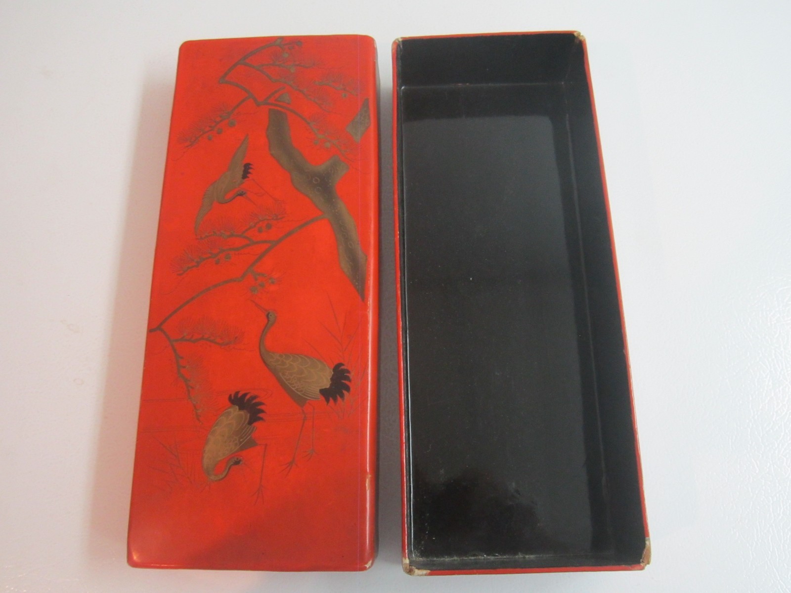 Vtg/Antique Orange Japanese/Asian Lacquer Box Cranes/Herons/Birds-Black Interior