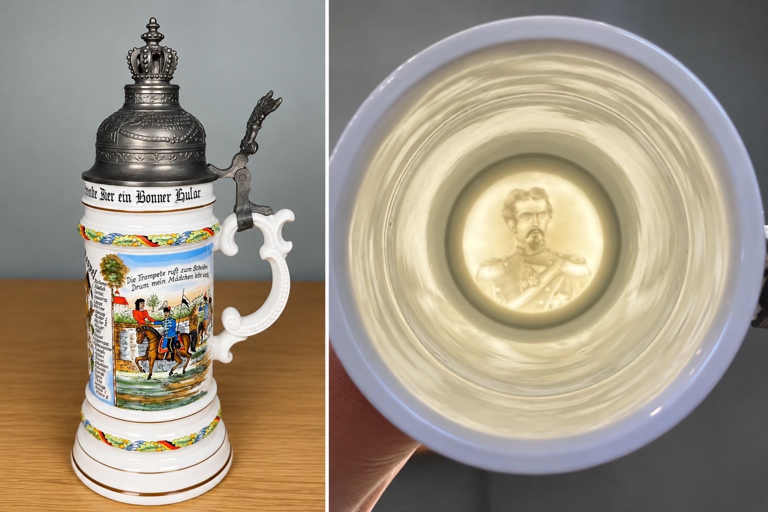 VTG Theo Kuhn German Beer Stein King Ludwig II Lithophane ERBO Zinn Crown Lid