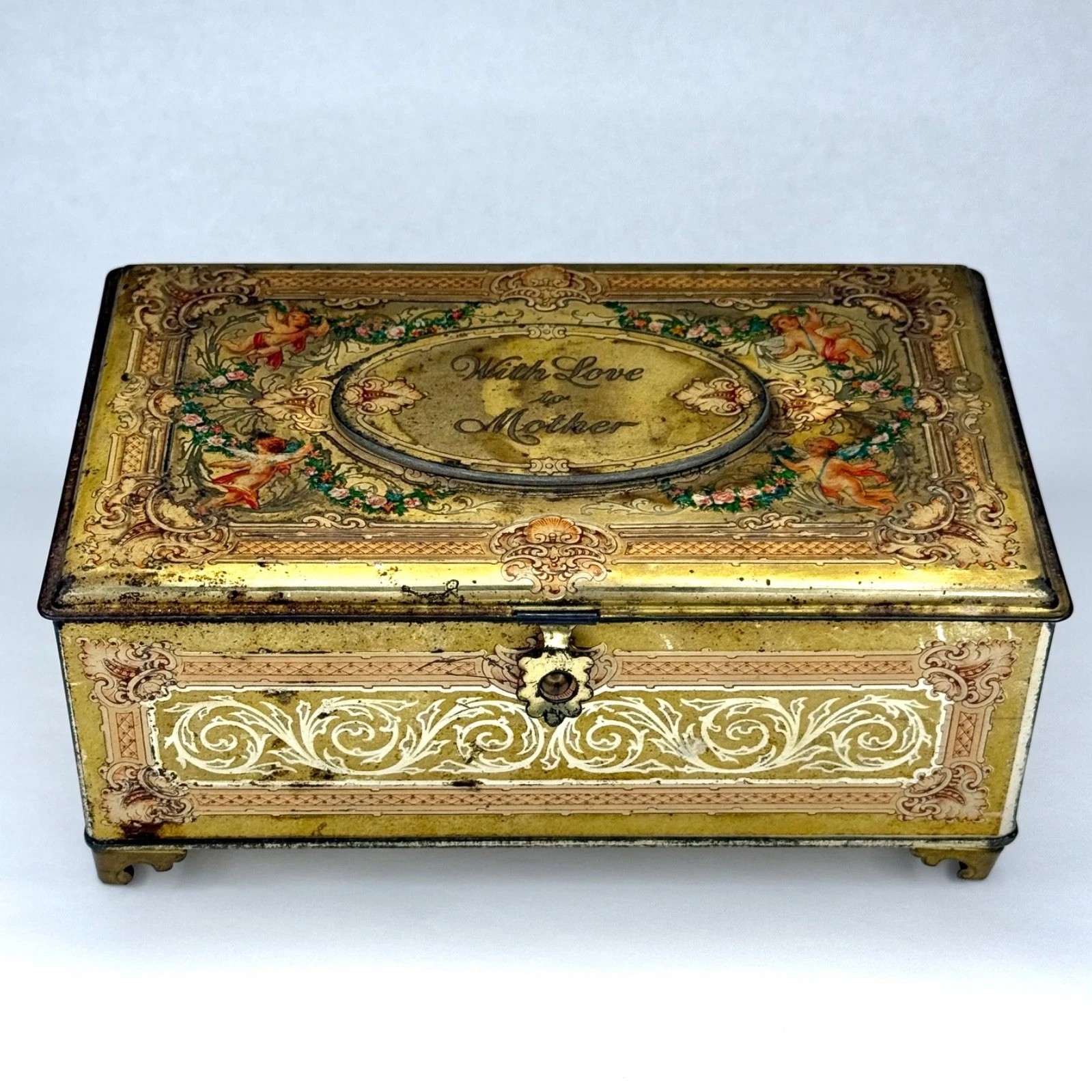 Antique 1927 ARTSTYLE CHOCOLATES TIN BOX + EPHEMERA Cherub Gold Gilt VTG