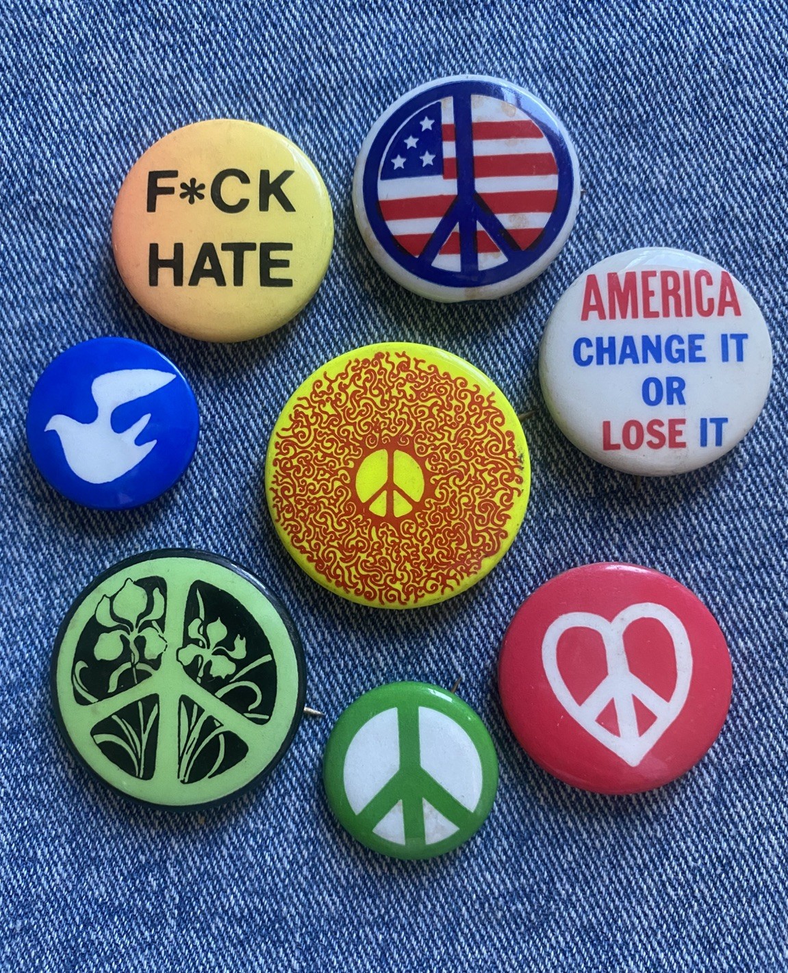 Pinback Button N,.O.S. 60's ANTI-WAR,  PEACE PROTEST, 8 Badge  Collection