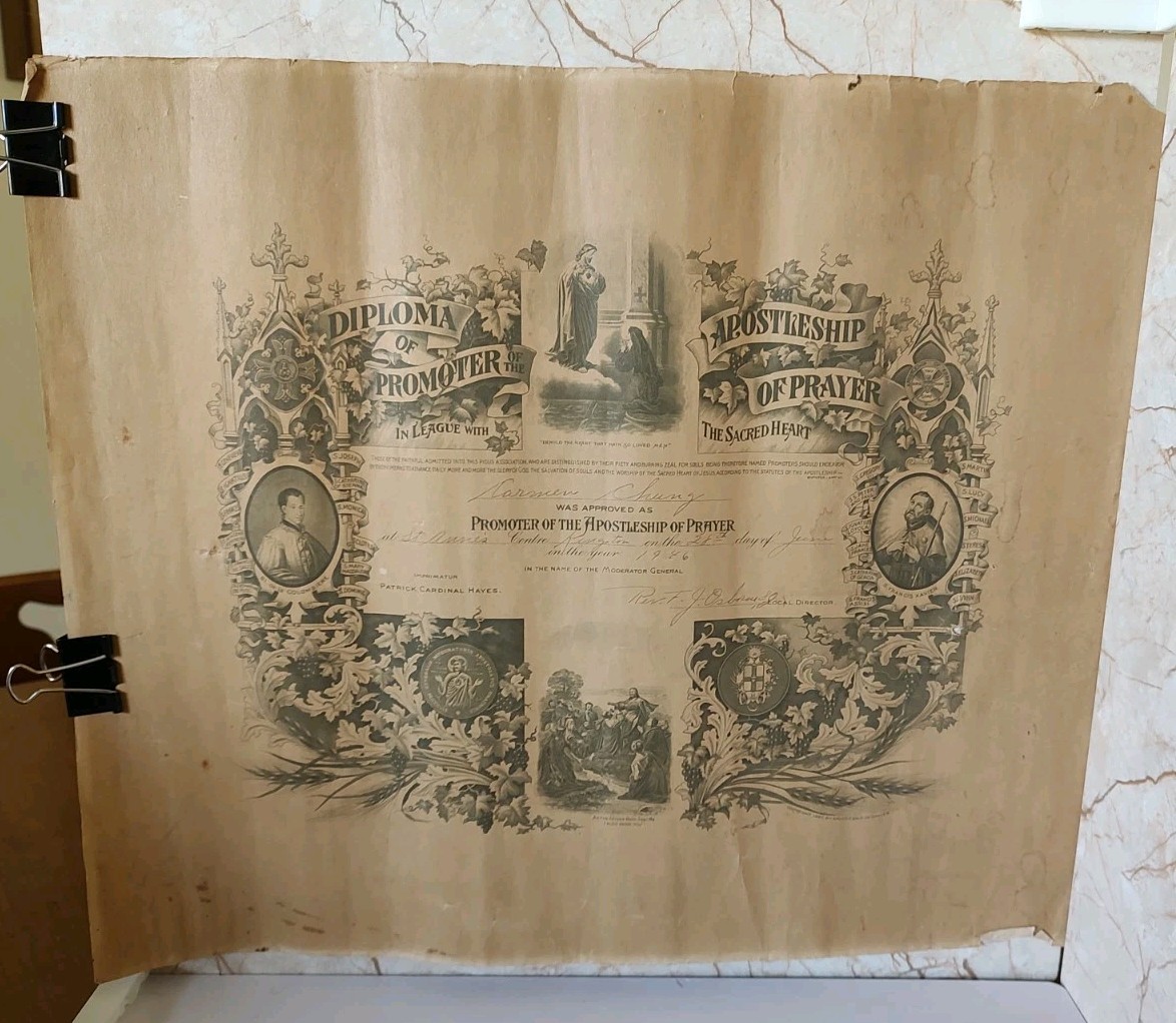 Vintage Diploma Of Promoter Of The Apostleship Of Prayer 1946 