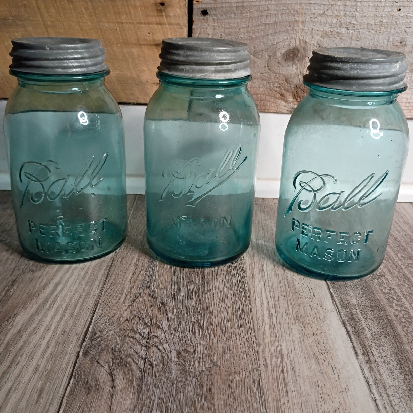 Lot 3 Vintage Ball Perfect Mason Jars Aqua Blue 1 Quart Zinc Lids Mold 5, 6, 8