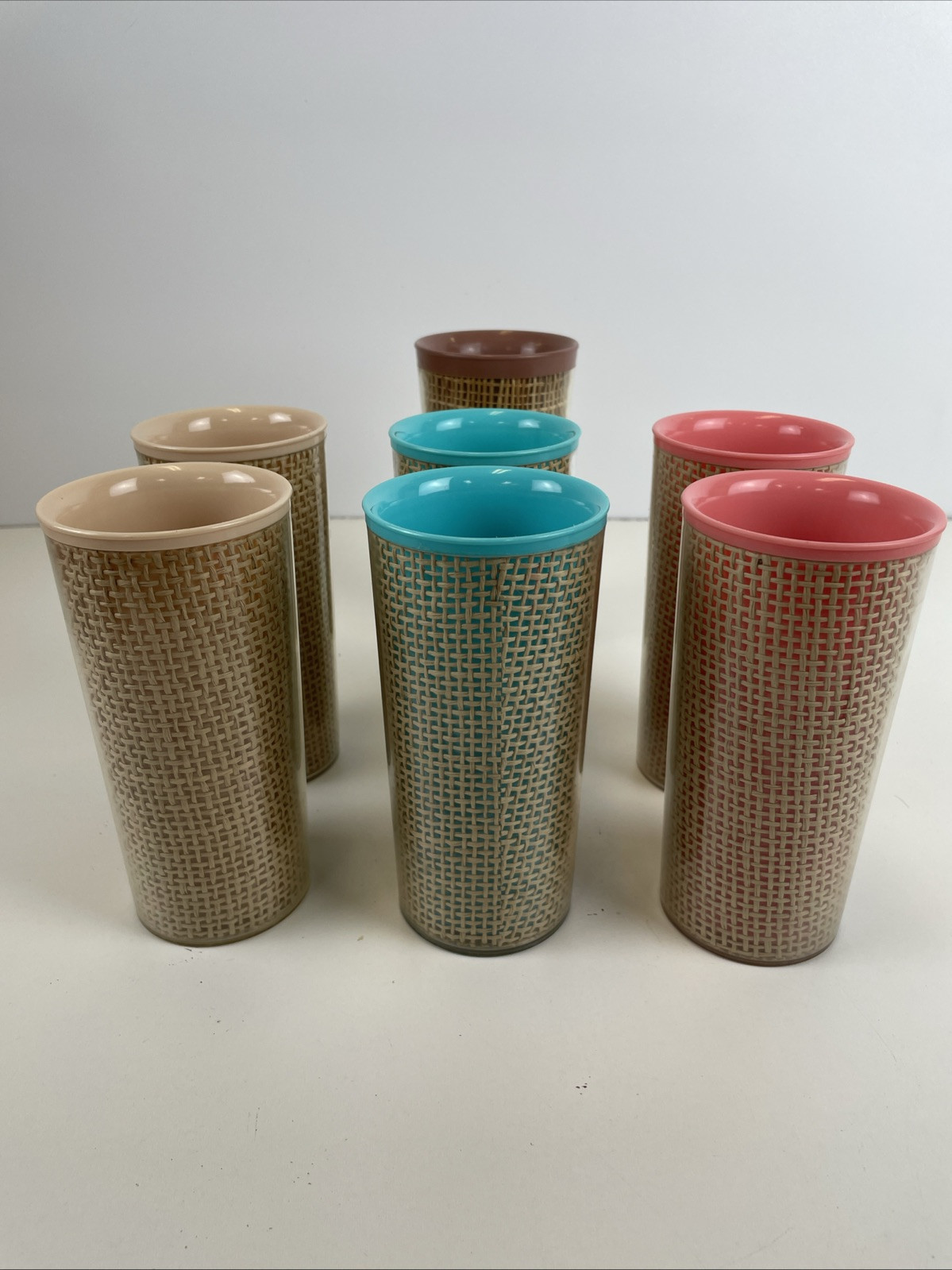Vtg MCM TIKI Raffiaware Thermo-Temp 6 Tumblers Raffia Weave Insulated 6\