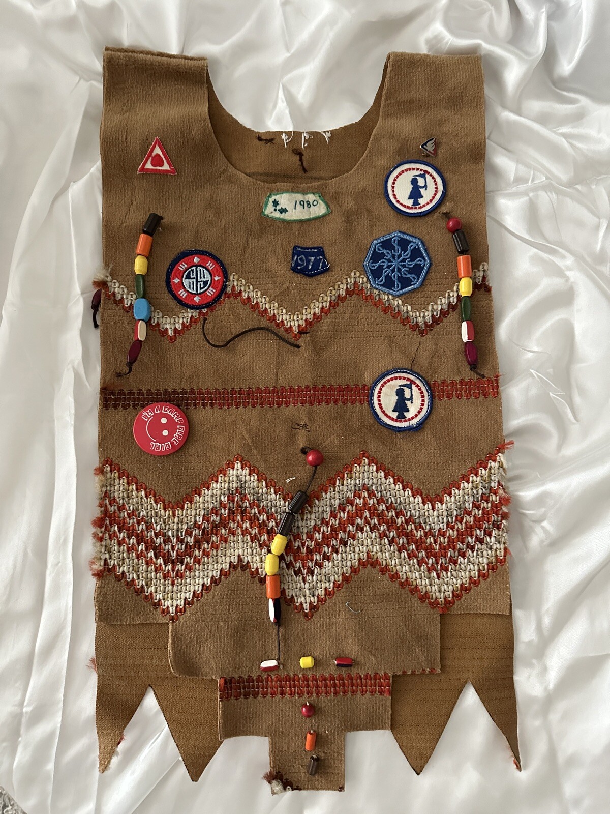 VTG 70s Camp Fire Girls Vest Beaded Patches Smiley Face Pin Uniform Honor Metals