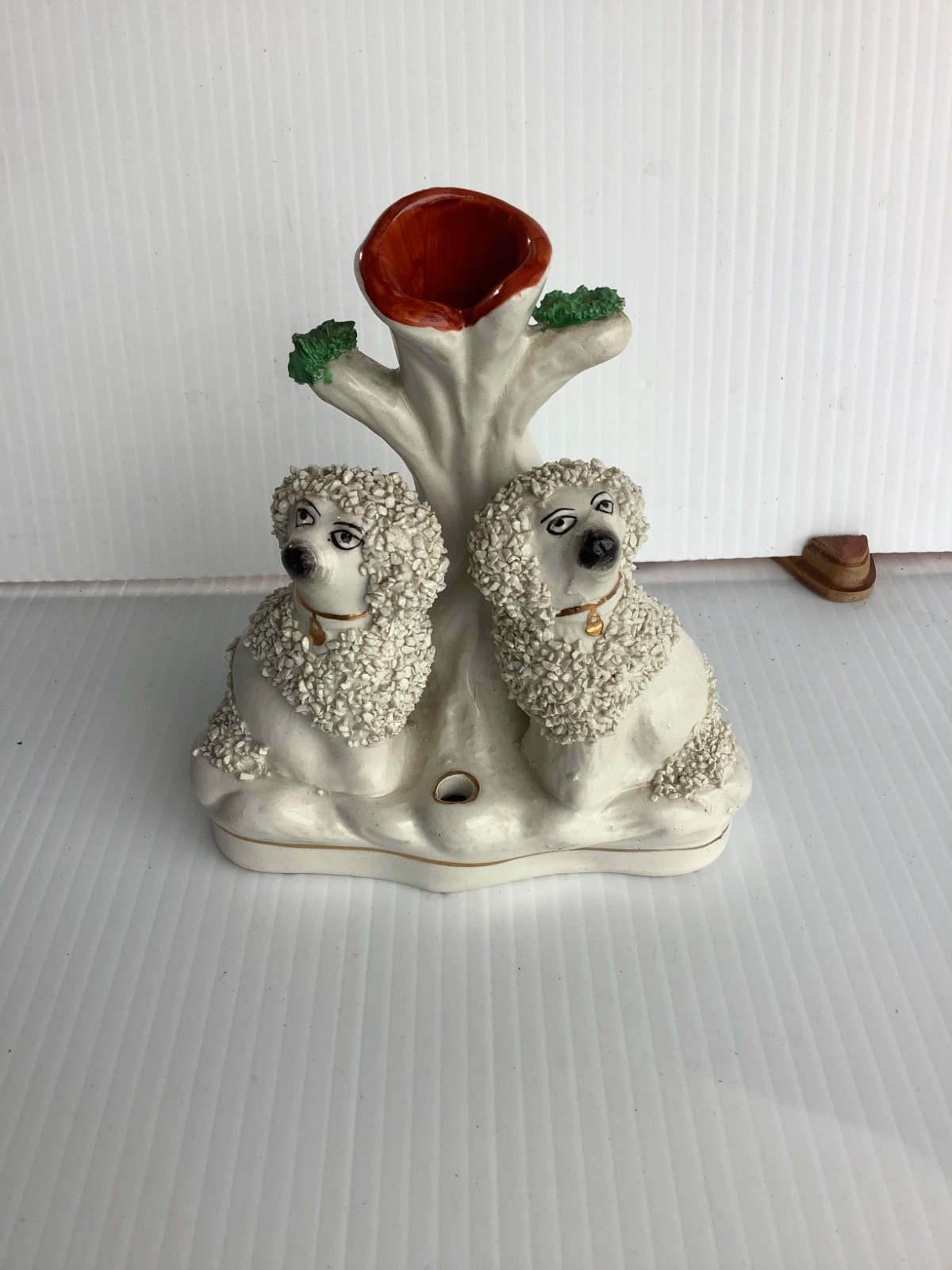 Antique Staffordshire Paired White Confetti Poodles England Spill Vase
