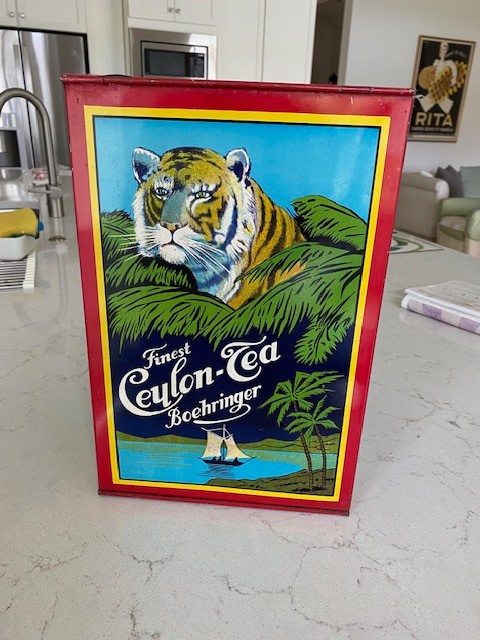 VINTAGE GORGEOUS STORE-SIZE RARE LITHO TEA TIN 5 TIGER GRAPHICS 1930s EX++