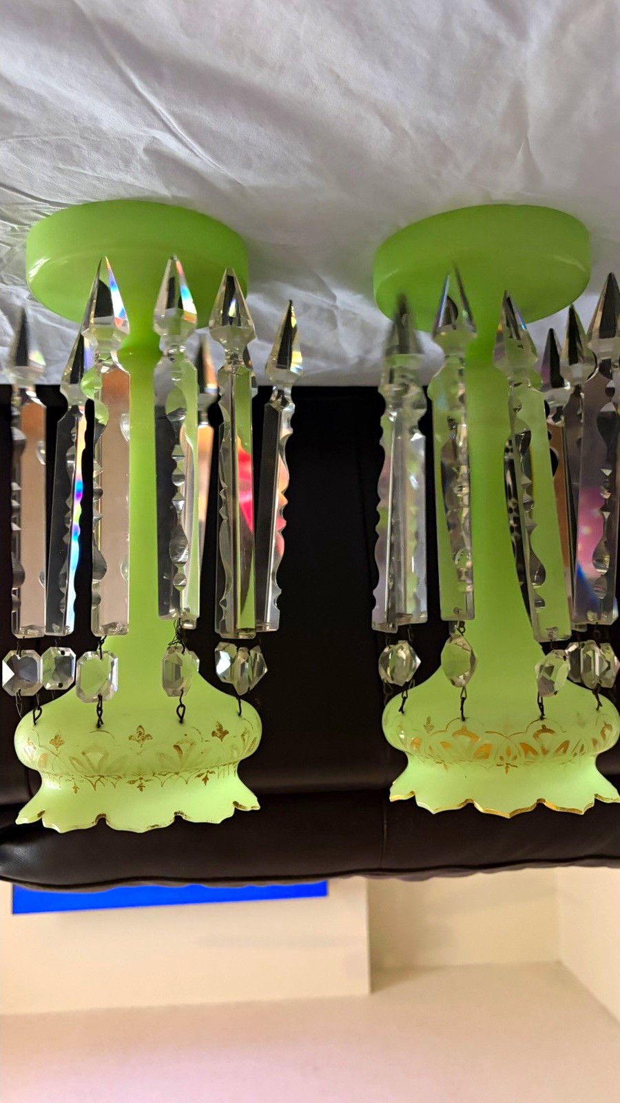 Antique pair (2) Green opalescence uranium glass Mantle Lusters Vaseline