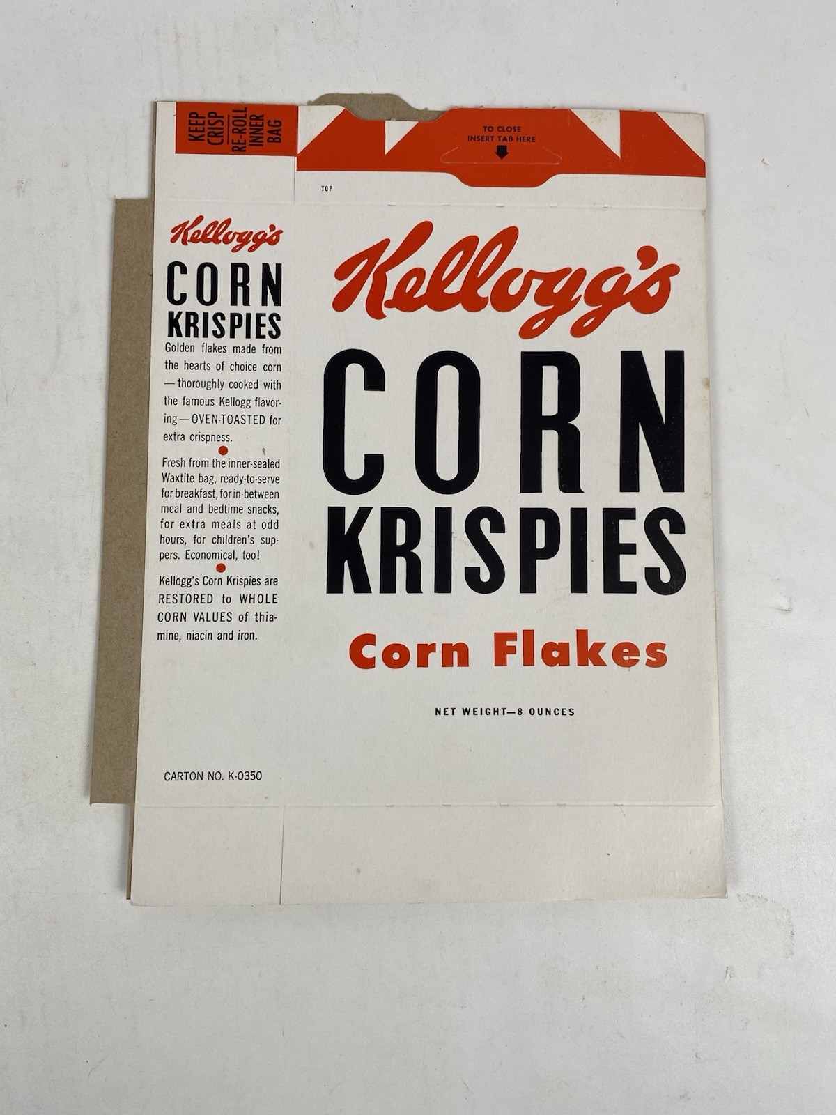 RARE 1963 Kellogg's Corn Krispies (Corn Flakes) 8 Oz. FLAT New Unused Box K-0350