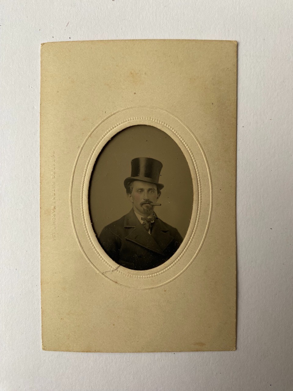 Antique Tintype Photograph Man Top Hat Smoking Cigar Studio Portrait c1860s