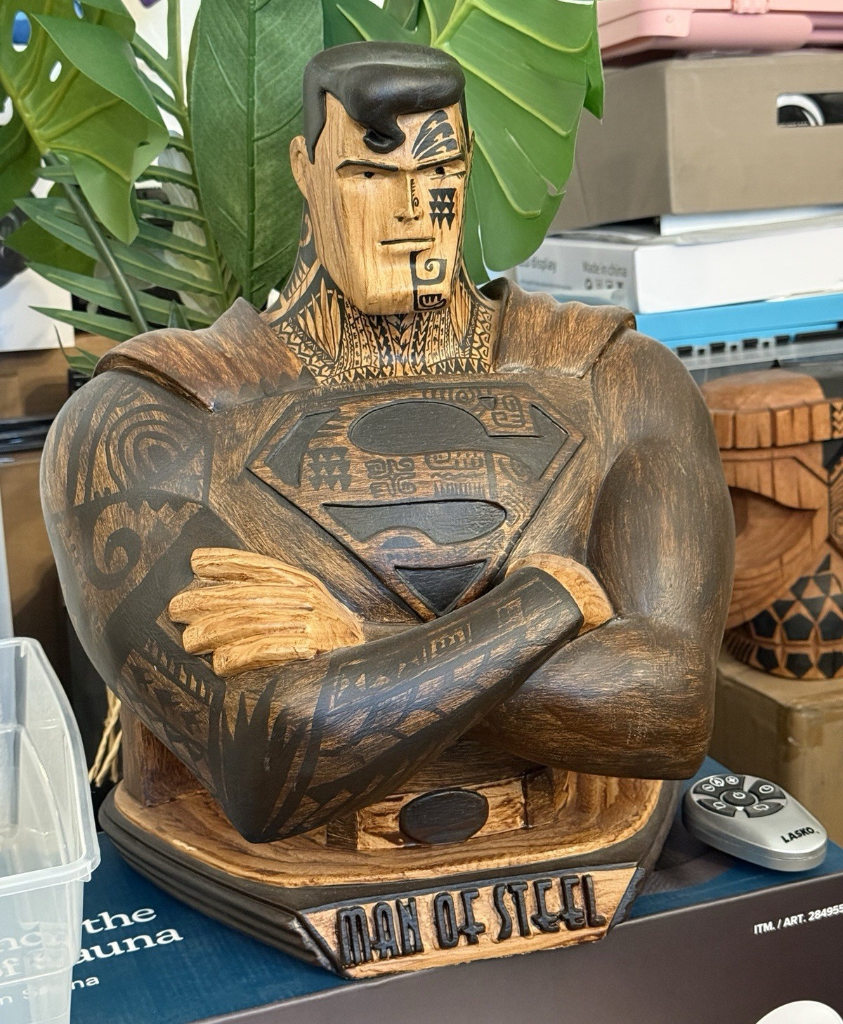 DC Comics Superman Man Wood look Figurine, Tribal Tiki Style, Hand Painted