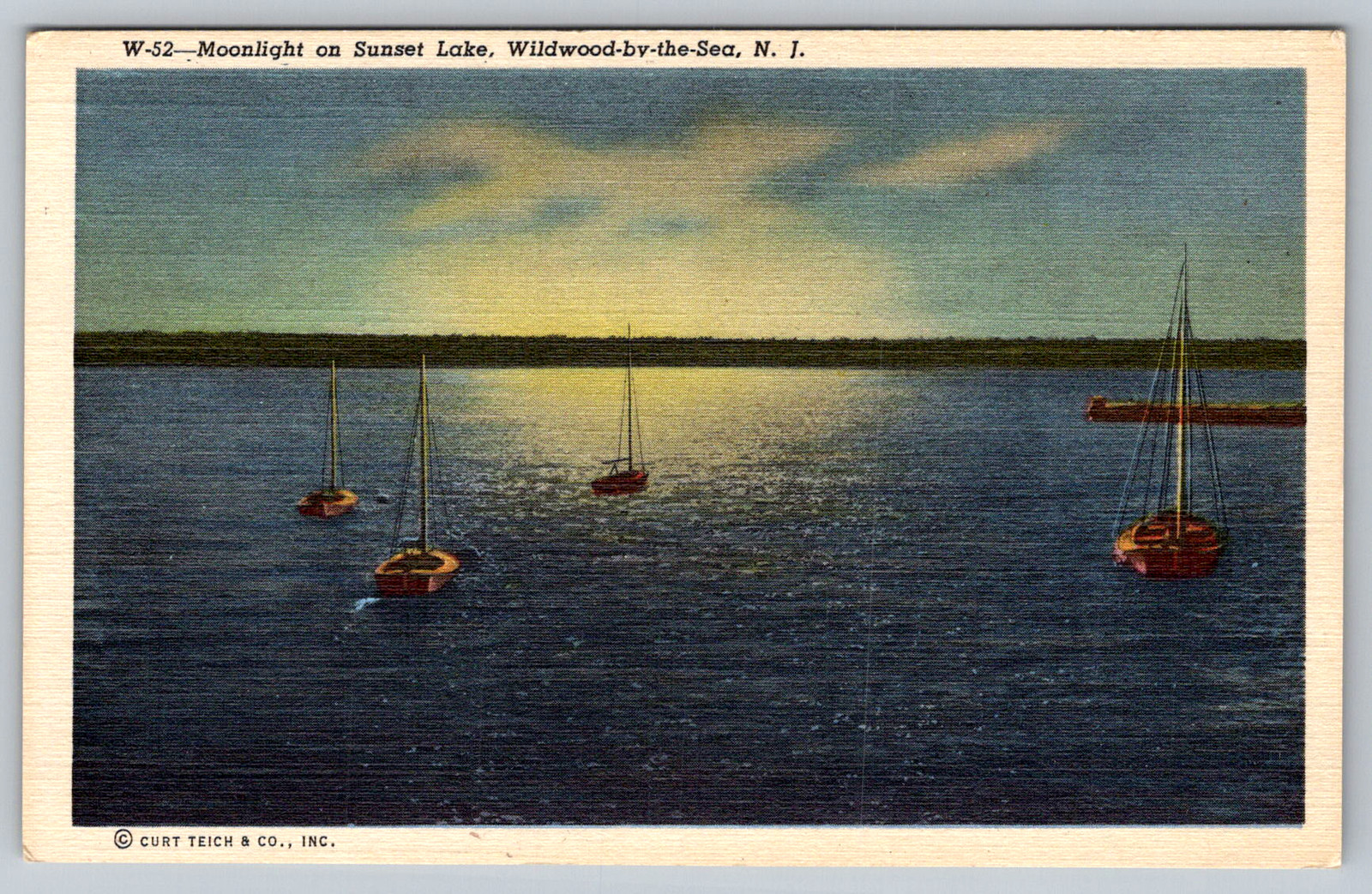 c1940s Moonlight Sunset Lake Wildwood-by-the-Sea NJ Postcard