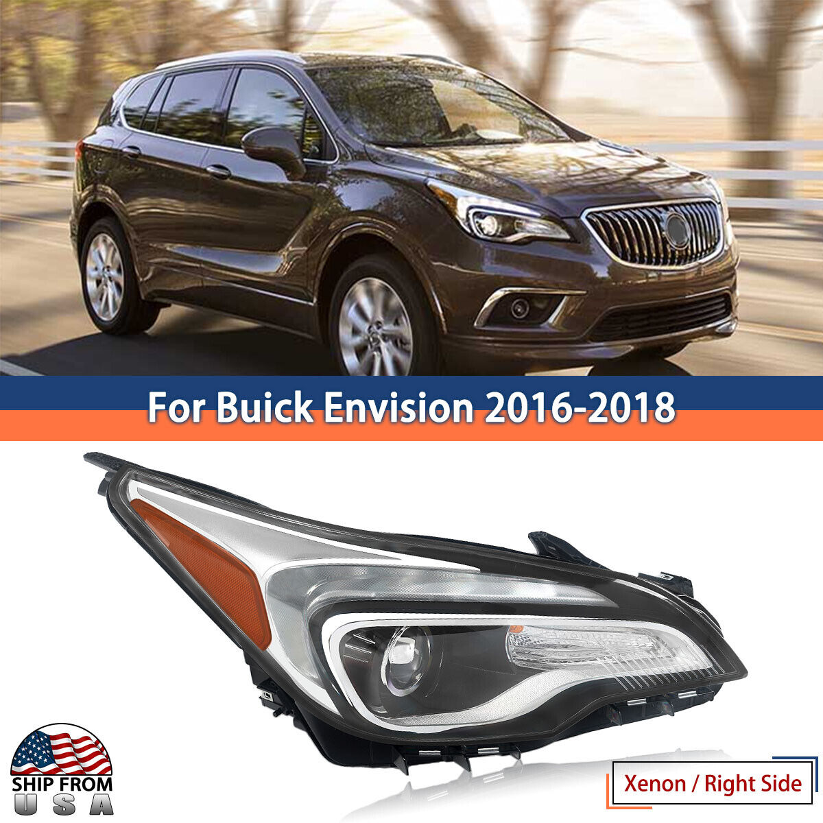 Passenger Side Headlamp Assembly Xenon W/LED DRL For 2016-2020 Buick Envision