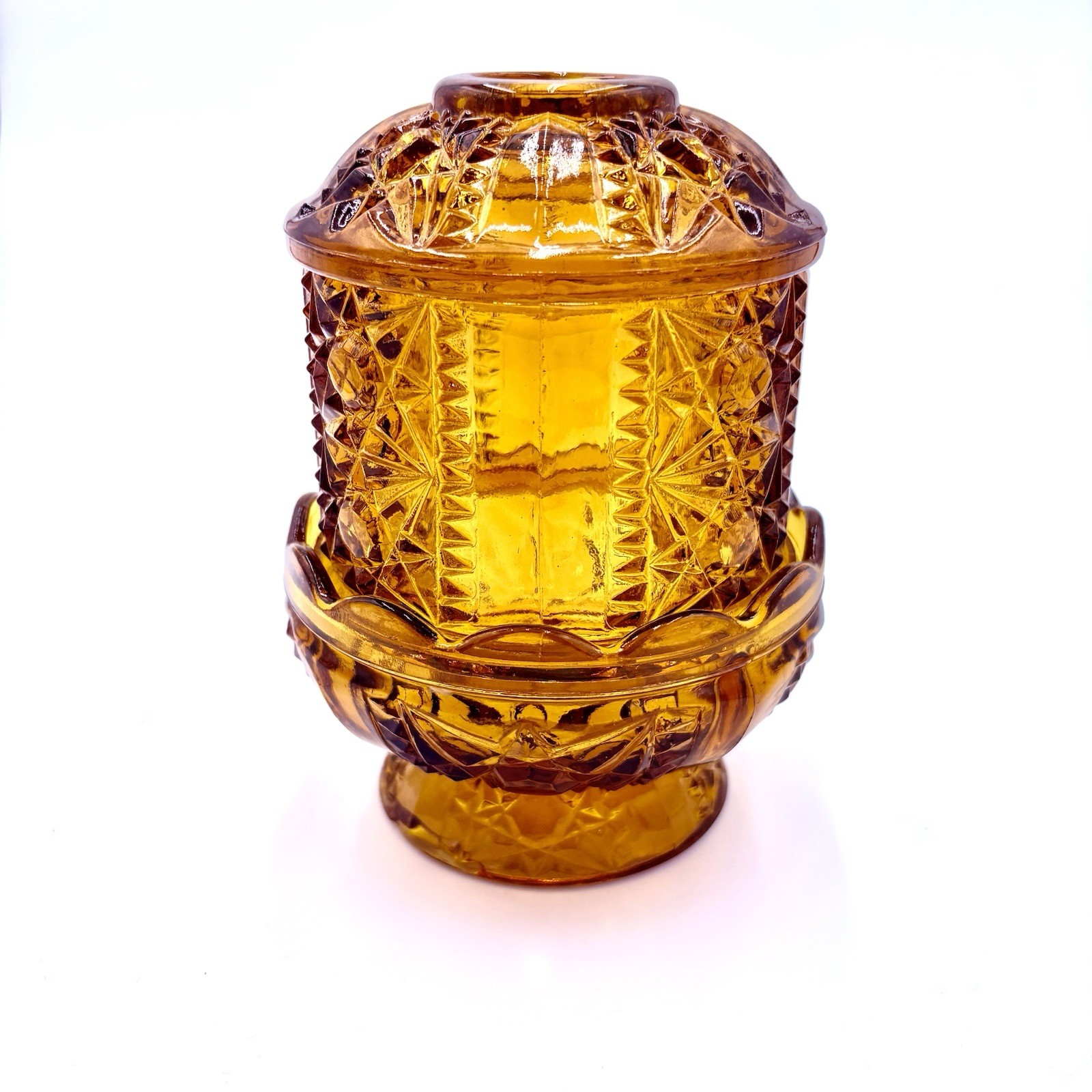 Vintage Indiana Glass Amber Stars & Bars Fairy Lamp Light Lamp Has Small Chips